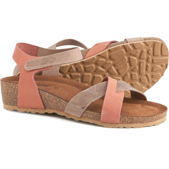 Bio-Gold Suede Leather Sandals Cork Wedge Ankle Strap Womens Size 9 Taupe Peach - Picture 1 of 14